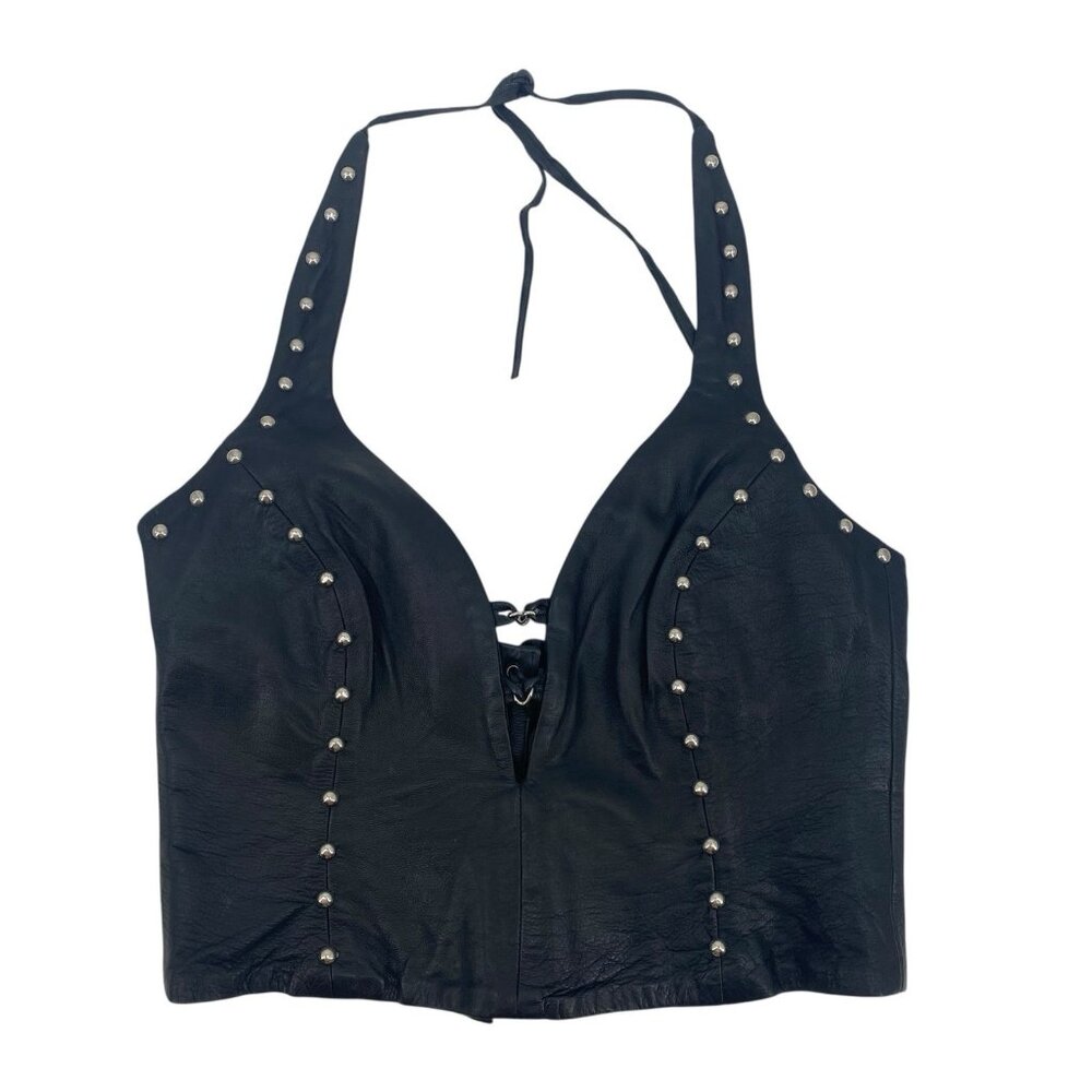 Rebel Spirit Black Studded Halter Leather Crop Top